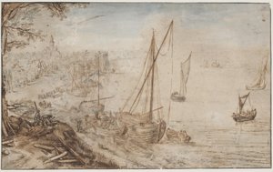 Flodlandskab. I forgrunden en båd, der lastes, og mænd, som tilskærer planker af Jan Brueghel d.Æ.