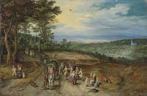 Et stort skovlandskab med rejsende på et spor og dansende bønder i forgrunden / Landscape with Travellers and Peasants on a Track af Jan Brueghel the Elder