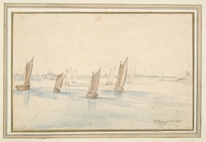 Både, der sejler på en flod, et landsted i det fjerne af Jan Brueghel the Elder