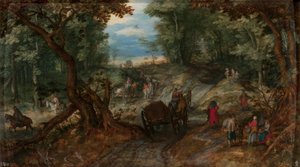 Skov med vogne, der krydser et vandløb, og ryttere af Jan Brueghel the Elder