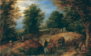 Landskab med rejsende på en skovsti, ca. 1607. af Jan Brueghel the Elder