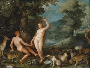 Paradislandskab med Eva fristende Adam af Jan Brueghel the Younger