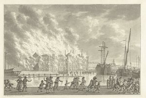 Brand i landene Zeemagazijn, 1791 af Jan Bulthuis (signed by artist)
