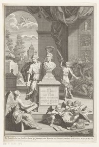 Buste af Hugo de Groot rost af Victoria Hr. Huig de Groots liv og virksomhed (titel på objektet) Titelside for: Caspar Brandt og Adriaan van Cattenburg, History of the life of Mr Huig de Groot, 1727