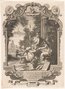 Cartouche med allegori over Grækenlands historie Titelblad for: Kornelis Westerbaen, Algemeene histori, 1742