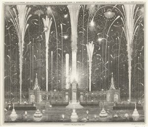 Fyrværkeri i Haag for freden i Aachen, 1749 Afbildning af fyrværkeriet, affyret i Haag, 13. juni 1749, brugt af den Aakensche Vreede / Representation du feu d