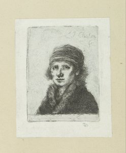 Jonge mand sætter bontkraag The Compleat Work of Etchings af John Chalon / Oeuvre Complette des Eaux Fortes af Jean Chalon (serietitel) af Jan Chalon