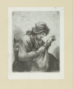 Vrouw sætter naald i draad The Compleat Work of Etchings af John Chalon / Oeuvre Complette des Eaux Fortes af Jean Chalon (serietitel) af Jan Chalon