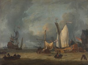 En storm (skibe i havnen i en stiv brise) af Jan Claesz. Rietschoof