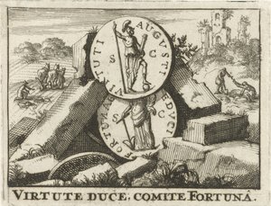 Romerske mønter lænet på en bunke sten Virtute Duce, Komité Fortuna (titel på objekt) af Jan Claesz ten Hoorn