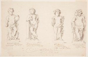 Tegning, projekter til statuer: "Visdom." "Standhaftighed." "Veltalenhed." "Amor forklædt.", 1726