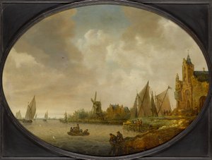 Flodlandskab med en vindmølle, en havnebygning og sejlskibe af Jan Coelenbier
