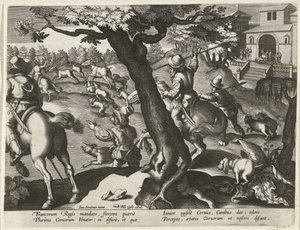 Hertenjacht met honden Jachttaferelen (serietitel) Jagten på vildt, fugle og fisk i Bestiary (serietitel) af Jan Collaert (II) (attributed to)