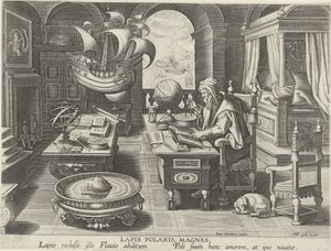 Opfindelsen af ​​kompasset Lapis Polaris, Magnes (titel på objekt) Nye opfindelser og opdagelser (serietitel) Nova Reperta (serietitel) af Jan Collaert (II) (attributed to)