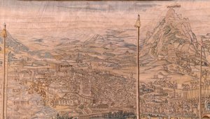 flamsk gobelin. Serien Erobringen af Tunis; Gennemgang af tropperne i Barcelona (La revista de las tropas en Barcelona). Andet gobelin i serien. Model Jan Vermeyen og Pieter Coecke van Aelst. 1543-1548. Fremstilling Real Fábrica de Tapices de Sant af Jan Cornelisz Vermeyen