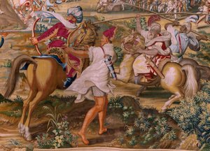 flamsk gobelin. Serien Erobringen af Tunis. Angrebet på La Goleta (Ataque a la Goleta). Fjerde gobelin i serien. Model Jan Vermeyen og Pieter Coecke van Aelst. 1543-1548. Fremstilling af Real Fábrica de Tapices de Santa Bárbara, Madrid