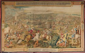 flamsk gobelin. Serien Erobringen af Tunis. Angrebet på La Goleta (Ataque a la Goleta). Fjerde gobelin i serien. Model Jan Vermeyen og Pieter Coecke van Aelst. 1543-1548. Fremstilling af Real Fábrica de Tapices de Santa Bárbara, Madrid