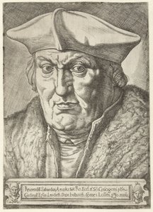 Portræt af Erard de la Marck, prins-biskop af Liège Reerendill Euhardus Amarka ... bulliacen Comes Lossen (titel på objekt) af Jan Cornelisz Vermeyen