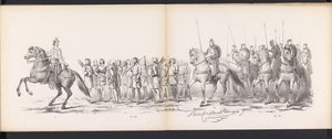 Masquerade of the Leiden Students, 1865 (plade 15) Udklædt procession holdt af medlemmerne af Leidens studentkorps den 6. juni 1865 til fejring af 290-året for Leidsche Hoogeschool, skildrer: hollændernes indtog b. af Jan Daniël Cornelis Carel Willem baron de Constant Rebecque