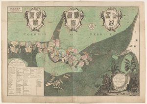 Nøjagtigt kort over staten og forløbet af Rio de Berbice. Med samme Plantagien beliggende i Geoctroyeerde kolonien de Berbice. (titel på objekt) af Jan Daniël Knapp