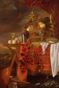 En kurv med blandet frugt med forgyldt kop, sølvkalk, Nautilus, glas og ferskner på en tallerken af Jan Davidsz de Heem