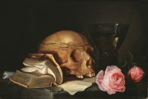 Et Vanitas-stilleben med et kranium, en bog og roser, ca. 1630