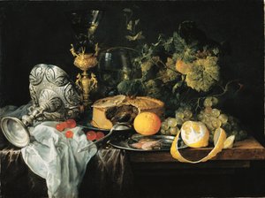 Tysk: Storslået stilleben med frugt, tærte og bægre Overdådigt stilleben med frugt, tærte og bægre, 1651