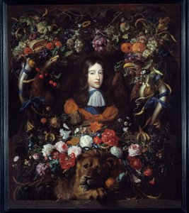 Portræt af Vilhelm III af Orange (1650-1702) i en medaljon af blomster Maleri af Jan David Heem (1606-1684) 1665 Søn. 1,34x1,14 m Lyon, Musee des Beaux Arts af Jan Davidsz de Heem