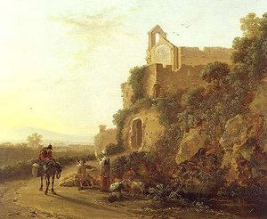 Et italiensk landskab med figurer på en sti af Jan Dirksz Both