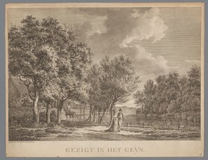 Landskab med et par, der går langs bredden af ​​Gein Gezigt in het Geÿn (titel på objekt) af Jan Evert Grave