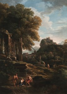 Et klassisk landskab med figurer i forgrunden, ruiner til venstre og en figur i midten, der ofrer (olie på lærred) af Jan Frans van Bloemen