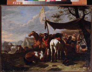 ""Gruppen af ​​ryttere i lejren"" (A Cavalry Camp) Maleri af Jan Frans van Bloemen (1662-1749) 1700-tallets fjernøstlige kunstmuseum, Khabarovsk Rusland af Jan Frans van Bloemen