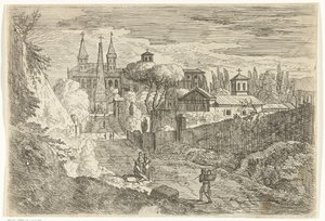 Italiensk landskab med rejsende ved bymurene af Jan Frans van Bloemen