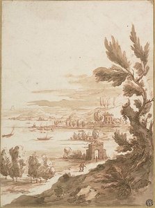 Udsigt fra bakke med udsigt over en havn af Jan Frans van Bloemen