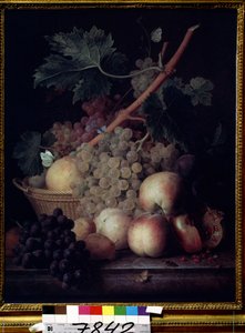 ""Frugter"" Stilleben af ​​ferskner, druer, pærer og granatæbler med sommerfugle og en hveps. Maleri af Jean Francois van Dael (1764-1840) 1808 Pushkin Museum, Moskva