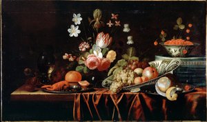 Stilleben med frugt, blomster og krebs