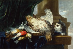 En død agerhøne og andre fugle på en stenkant med en kat (olie på lærred)