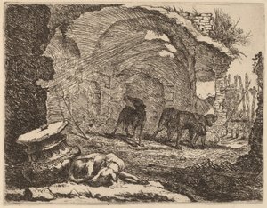 Fire hunde, en sover ved siden af en hovedstad af Jan Fyt