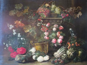 Stilleben med blomster, frugt og en papegøje af Jan Fyt