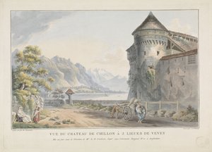 Udsigt over Chillon kasteel Slot Vue du Chateau de Chillon à 2 lieues de Vevey (titel på objekt)