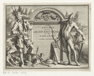 Twee jagers til arkitektoniske omgivelser Titelside for: James Beeverell, The delights of Great Britain and Ireland, bind syv, 1707 af Jan Goeree (possibly)