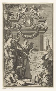 Retfærdigheden lærer Utrechts love Costumen Usantien og politibetjent i byen Utrecht (titel på objektet) Titelside for Willem Van der Meulen, Costumen, usantien, policien ende style van literen, der Stadt Utrecht, 1709