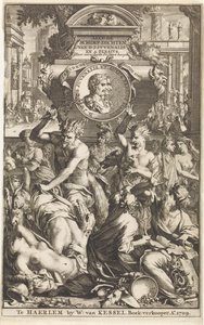 Roms bacchanal Titelside for Decius Junius Juvenalis en Aulus Persius Flaccus, Alle de schimpdichten, 1709 Alle de schimpdichten D.J.Jvenalis en A. Persivs door verschyde dichters berymt (titel på objekt)