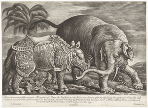 Olifant en neushoorn En sand gengivelse af naturens to store mesterværker, elefanten og næsehornet (titel på objektet)