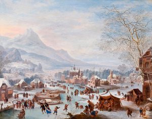 ""Winter Scene with Skaters" (Winter Scene with Skaters) Maleri af Jan Griffier (ca 1652-1718) - Olie på kobber - Størrelse 43x55 cm Hallwylska Museet, Stockholm