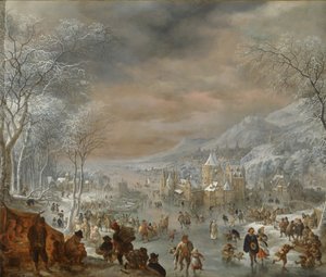 Vinterlandskab med skatere, kirke og landsby langs bredden af en flod