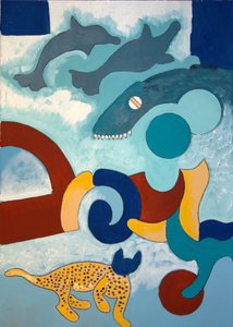 Leoparden har et blåt hoved, 2009 (olie på lærred) af Jan Groneberg