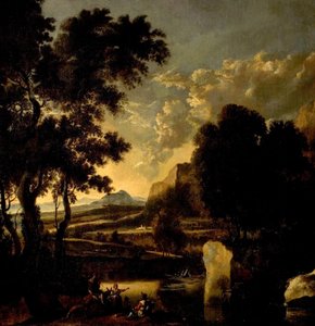 Landskab med figurer i forgrunden af Jan Hackaert