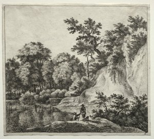 Klippen badet af floden af Jan Hackaert