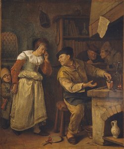 En guldsmed, der smelter en kvindes smykker ned i nærvær af en notar: Alkymisten, ca. 1668-70 (olie på lærred) af Jan Havicksz. Steen